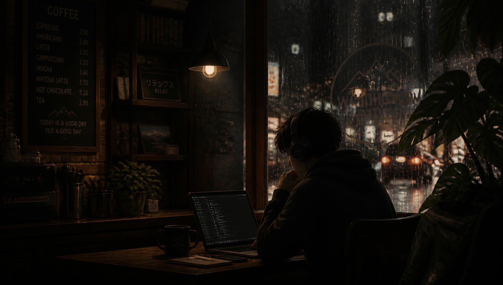 Rainy night coffee shop with warm lamp light and city lights outside